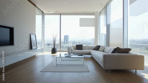 A modern living room with a minimalist design, featuring a sleek sofa, a glass coffee table, and floor-to-ceiling windows that let in ample natural light. Neutral tones create a calm atmosphere.