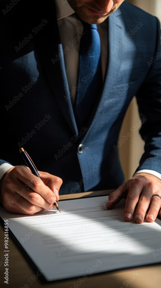 A businessman in a blue suit signs an important document, showcasing professionalism and attention to detail in his work. A businessman in a blue suit signs an important document, showcasing professionalism and attention to detail in his work.