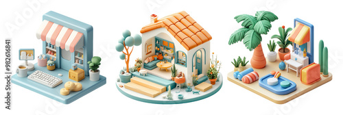 Cute 3d Home Office and Garden Scenes With Soft Pastel Colors