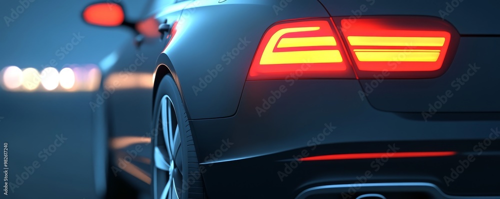 A sleek, modern car tail light glowing in a vivid night scene, showcasing elegance and advanced automotive design. A sleek, modern car tail light glowing in a vivid night scene, showcasing elegance and advanced automotive design.