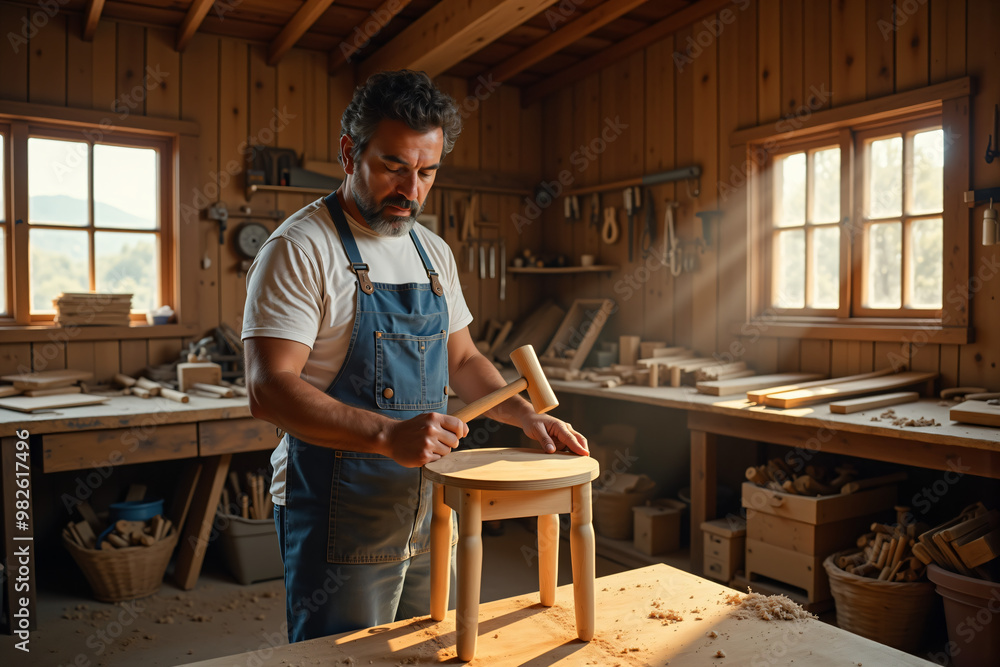 Hispanic craftsman building wooden chair in rustic workshop Hispanic craftsman building wooden chair in rustic workshop