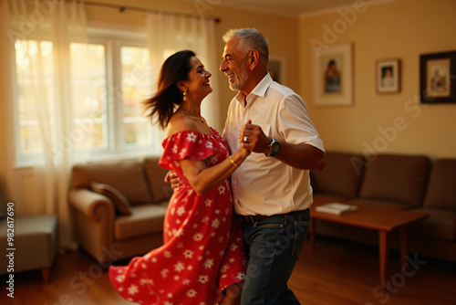 Middle aged Hispanic couple dancing in cozy living room