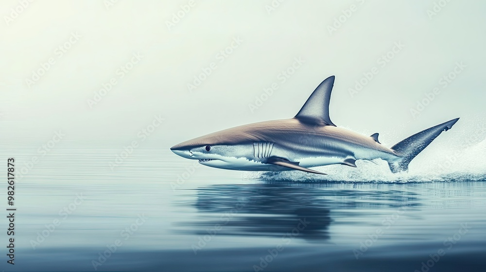 A powerful shark in motion with its sleek body cutting through calm waters. The clean, unobstructed background provides room for copy. A powerful shark in motion with its sleek body cutting through calm waters. The clean, unobstructed background provides room for copy.