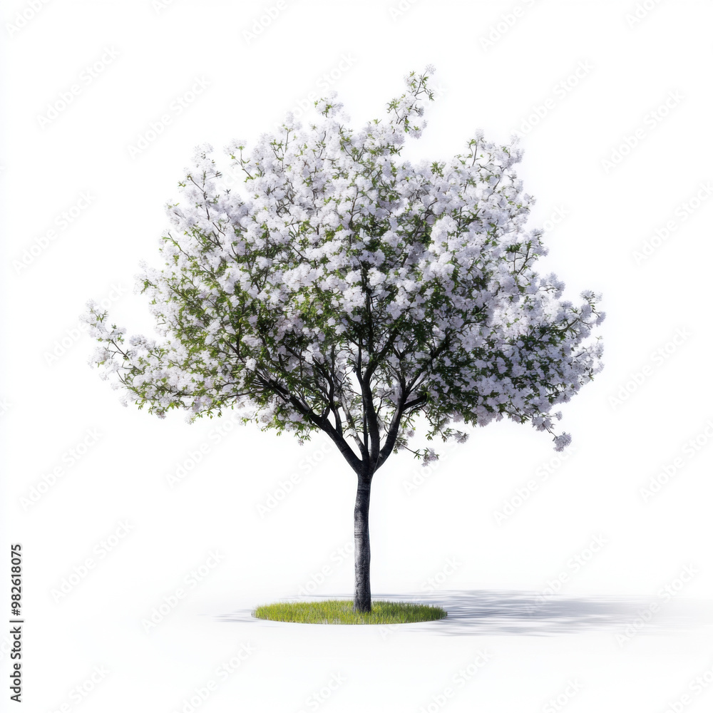 Obraz premium Single tree in full bloom with white flowers, isolated on a clean white background.
