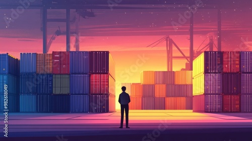 Logistics coordinator ensuring stock container in a brightly lit port, flat design, back view, business theme, cartoon drawing, vivid color scheme  photo