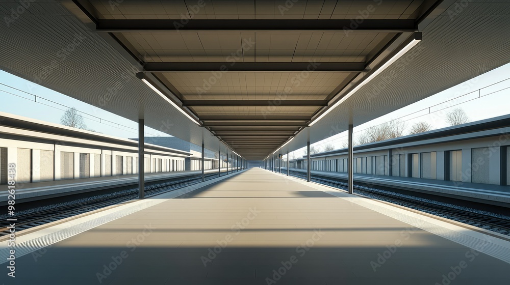A railway station with a clean, minimalistic design and an empty platform. The ample space around the station is ideal for text placement. A railway station with a clean, minimalistic design and an empty platform. The ample space around the station is ideal for text placement.