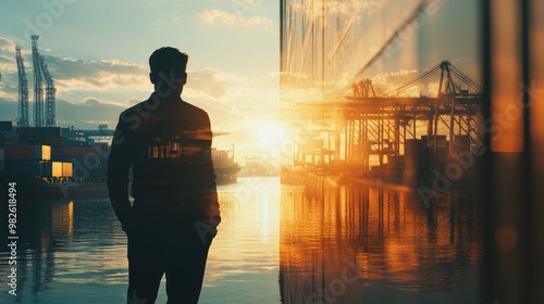 Logistics manager inspecting stock in container terminal (close up, focus on, copy space) Sunlight reflecting on water and containers. Double exposure silhouette with shipping vessels photo