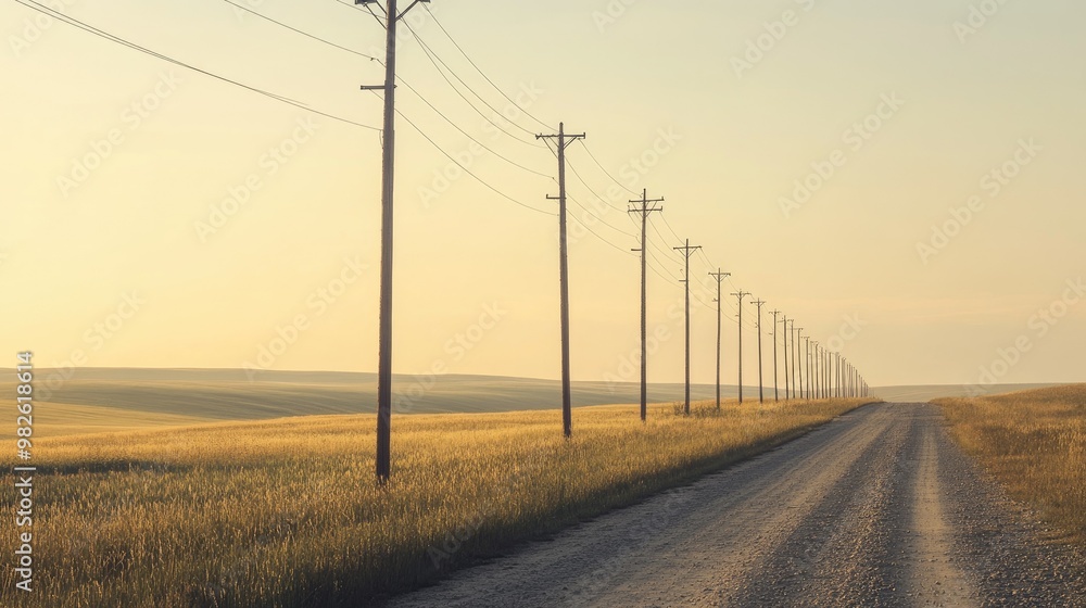 A row of electric poles along a country road with a clear, bright sky. The unobstructed space around the poles is ideal for adding copy.