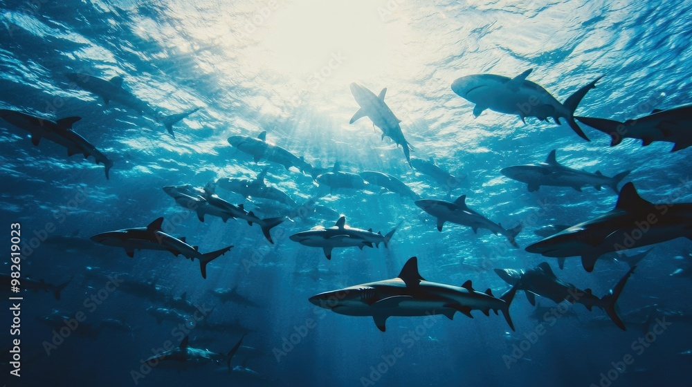 Obraz premium A school of sharks swimming in formation with a vast ocean background. The clear, open water around them provides plenty of space for copy.