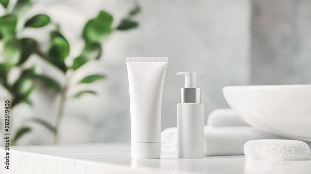 White cosmetic tubes in a modern white bathroom White cosmetic tubes in a modern white bathroom