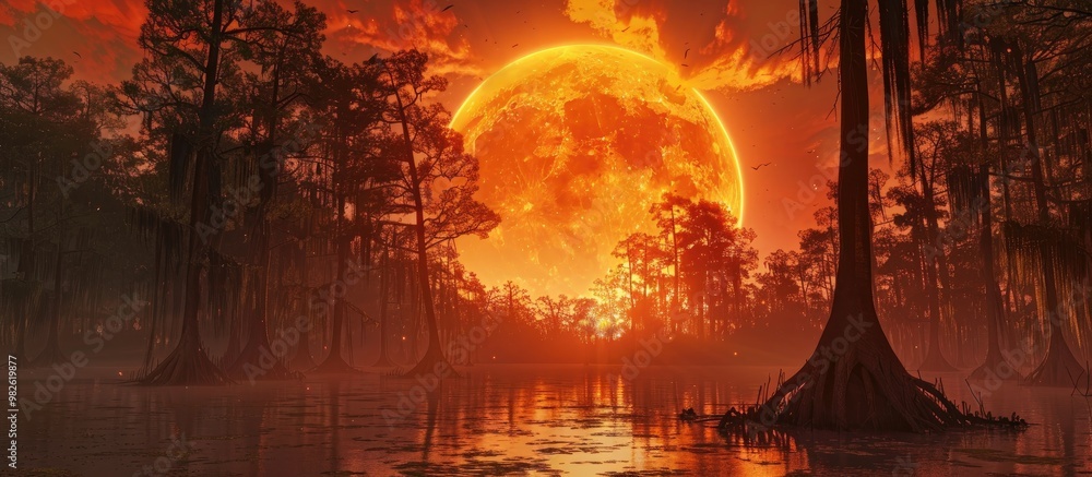 Fototapeta premium Huge Orange Sun Setting Behind The Cypress Trees In A Swamp