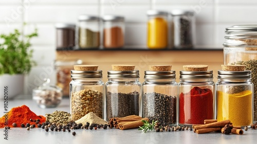 Fototapeta Naklejka Na Ścianę i Meble -  A set of spice jars and containers on a kitchen counter with a clean, bright background. The unobstructed space around the jars provides room for copy.