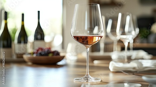 A set of wine glasses on a table with plenty of space for text in the background. The clear glass and elegant design create a refined look. -