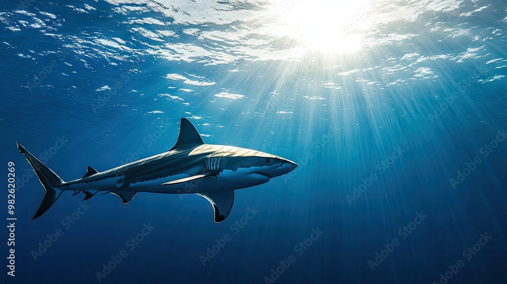 A shark emerging from the shadows into sunlight, with a large open area around it. The clear space provides ample room for text placement. A shark emerging from the shadows into sunlight, with a large open area around it. The clear space provides ample room for text placement.