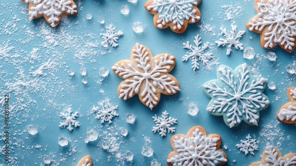 Delightful snowflake-shaped cookies on a blue background, perfect for winter celebrations and festive occasions. Delightful snowflake-shaped cookies on a blue background, perfect for winter celebrations and festive occasions.