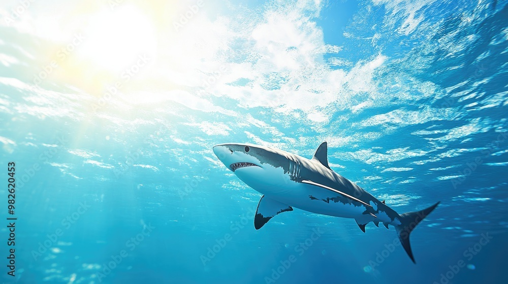 Fototapeta premium A shark swimming close to the ocean surface with a bright, clear sky above. The open water space around the shark is ideal for text