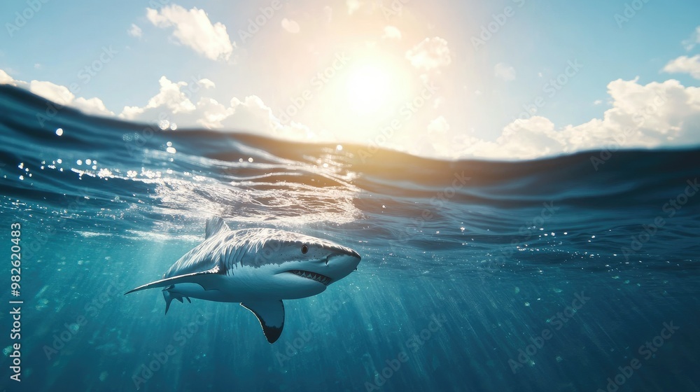Fototapeta premium A shark swimming close to the ocean surface with a bright, clear sky above. The open water space around the shark is ideal for text