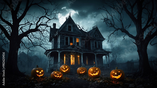 Eerie atmospheric scene of a hounted house. Halloween theme. photo