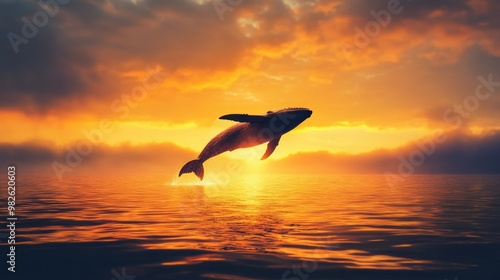 A silhouette of a whale against a vibrant sunrise or sunset. The open sky and water below provide ample room for text.