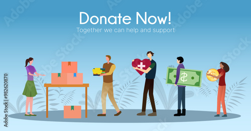 charity and donate landing page design, people lined up to donate money and goods vector illustration