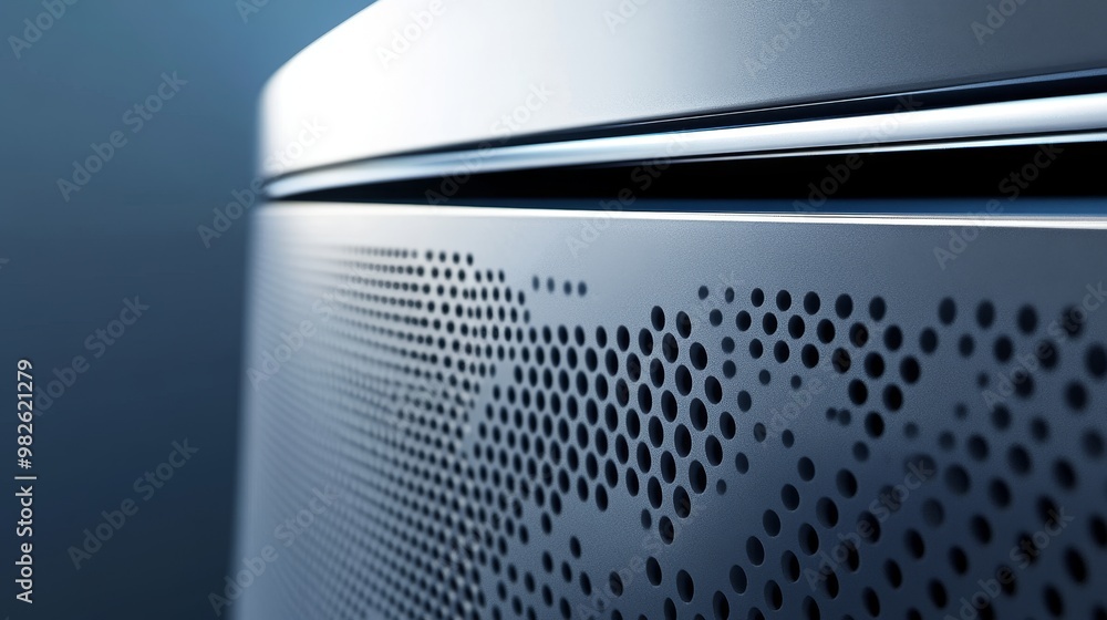 Close-up of a modern metallic surface with perforations, showcasing sleek design and advanced technology in a stylish backdrop. Close-up of a modern metallic surface with perforations, showcasing sleek design and advanced technology in a stylish backdrop.