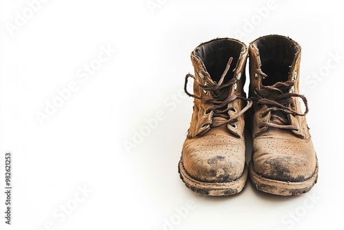 Old worn-out brown boots on white
