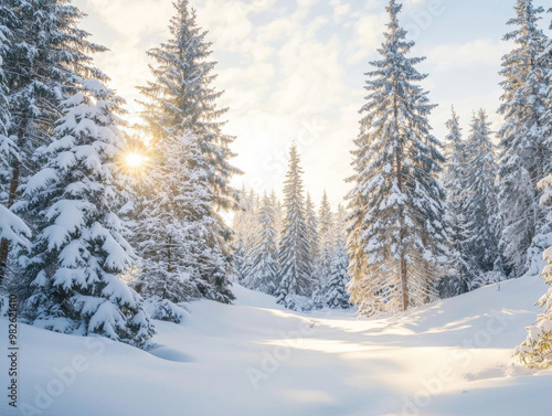 A snowy forest with trees covered in snow. The sun is shining through the trees, creating a warm and inviting atmosphere