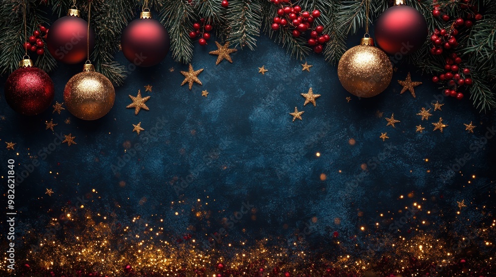 Festive holiday backdrop with ornaments, stars, and sparkling lights. Festive holiday backdrop with ornaments, stars, and sparkling lights.