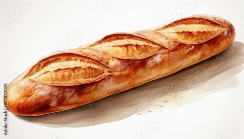 A freshly baked loaf of bread showcasing a golden crust and distinct slashes on top, perfect for culinary presentations. Watercolor illustration, isolated on white background