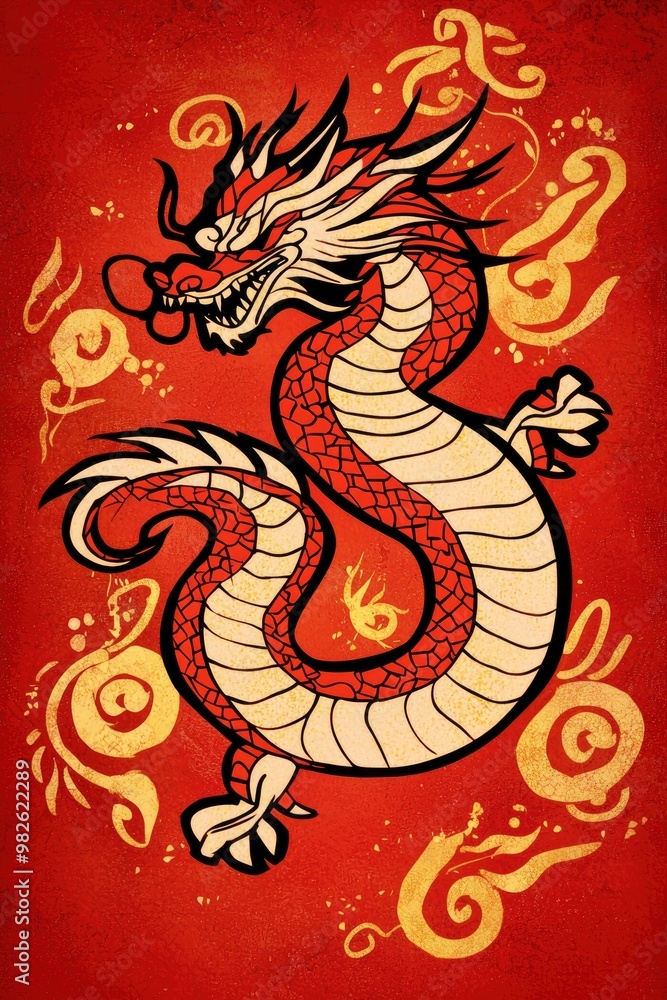 Fototapeta premium Chinese Dragon Illustration on Red Background