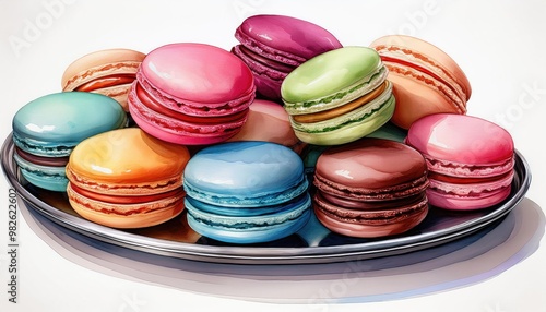 Colorful macarons arranged on a silver platter, showcasing various flavors and pastel colors for a delightful dessert presentation. Watercolor illustration, isolated on white background