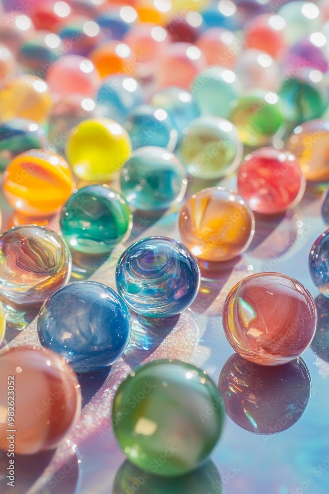 Colorful marbles perfectly arranged in a grid on a shiny surface with light reflections. Colorful marbles perfectly arranged in a grid on a shiny surface with light reflections.