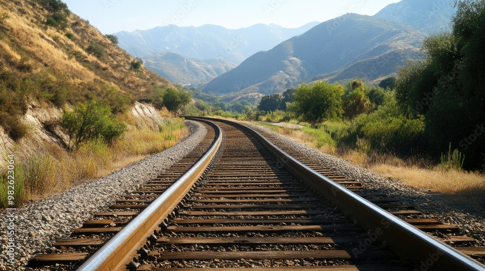 A view of railway tracks curving through a mountainous region with a clear, open sky. The unobstructed space around the tracks allows for easy text addition. A view of railway tracks curving through a mountainous region with a clear, open sky. The unobstructed space around the tracks allows for easy text addition.