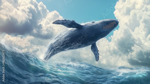 A whale showing its full body as it breaches the water with a clear, open ocean and sky background. The large space around the whale is great for copy. photo