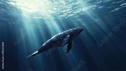 A whale swimming gracefully underwater with sunlight filtering through the water. The clear space around the whale offers plenty of room for text.