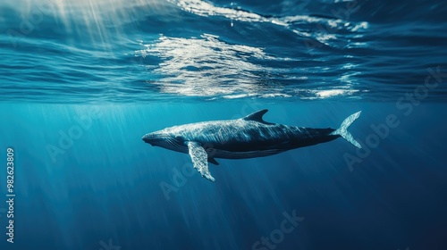 A whale swimming near the surface with a clean, bright ocean backdrop. The clear water and unobstructed background offer ample space for text.