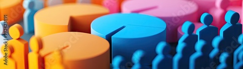 Colorful pie charts and figures symbolize data analysis and teamwork in a vibrant business environment. photo