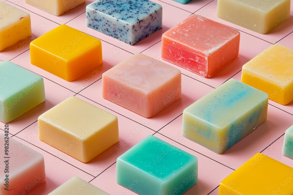 Colorful soap bars arranged in a geometric pattern on a bathroom counter. Colorful soap bars arranged in a geometric pattern on a bathroom counter.
