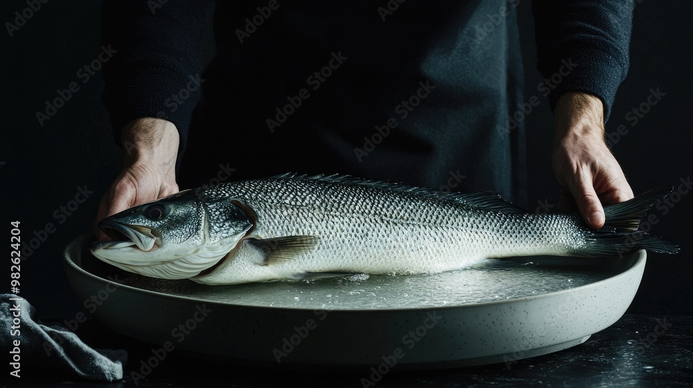 A whole sea bass being placed onto a serving platter with a simple, elegant background. The unobstructed space around the fish is ideal for copy. -