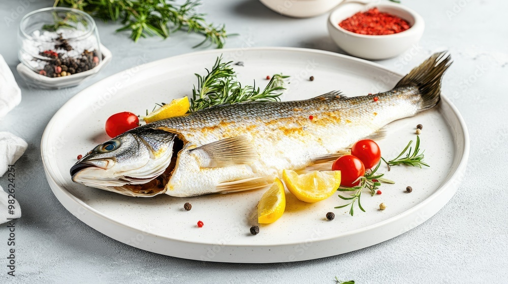 A whole sea bass being placed onto a serving platter with a simple, elegant background. The unobstructed space around the fish is ideal for copy. - A whole sea bass being placed onto a serving platter with a simple, elegant background. The unobstructed space around the fish is ideal for copy. -