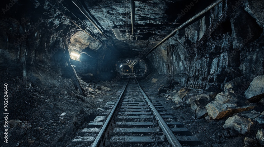 Naklejka premium A dark and narrow mine tunnel with a single track running through the center.