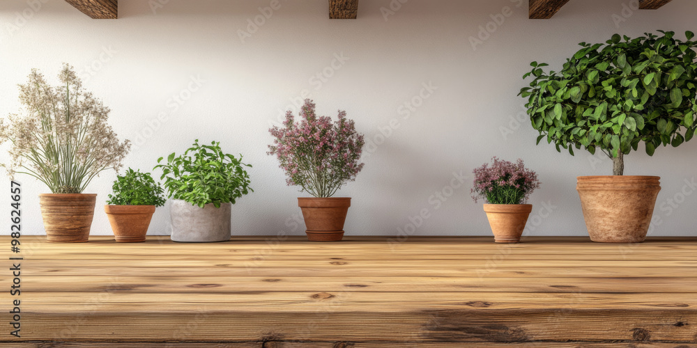 Indoor plants arranged on a wooden shelf in a modern space with neutral walls, showcasing greenery and earthy pots Indoor plants arranged on a wooden shelf in a modern space with neutral walls, showcasing greenery and earthy pots