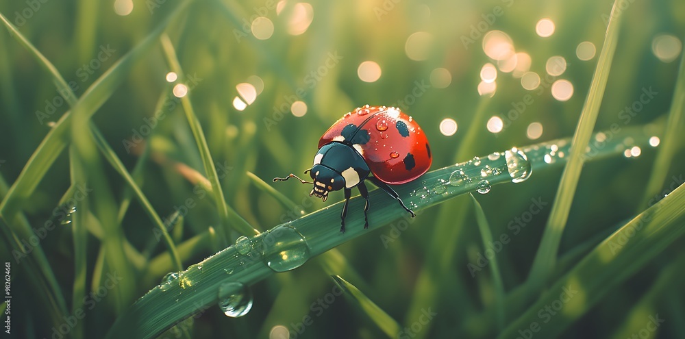 Obraz premium Ladybug on a Dew-Covered Blade of Grass