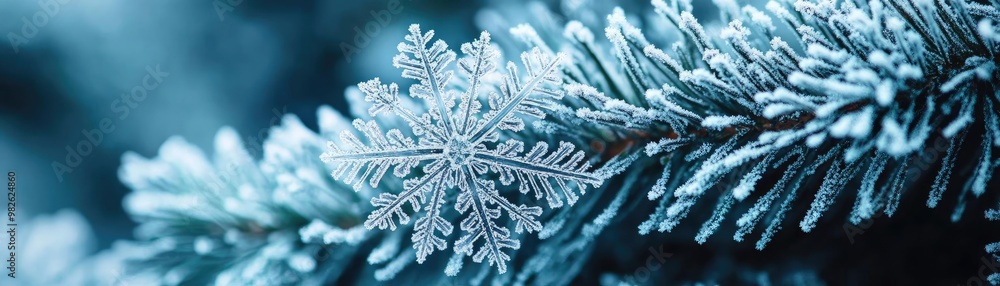 A close-up of a delicate snowflake resting on a pine needle, showcasing intricate details of winter's beauty and tranquility. A close-up of a delicate snowflake resting on a pine needle, showcasing intricate details of winter's beauty and tranquility.