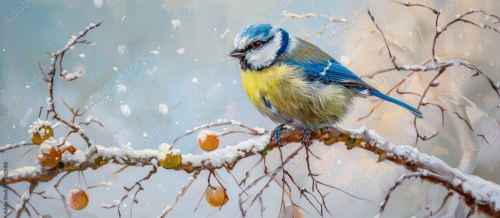 Naklejka premium Blue Tit On Branch In Winter Cyanistes Caeruleus