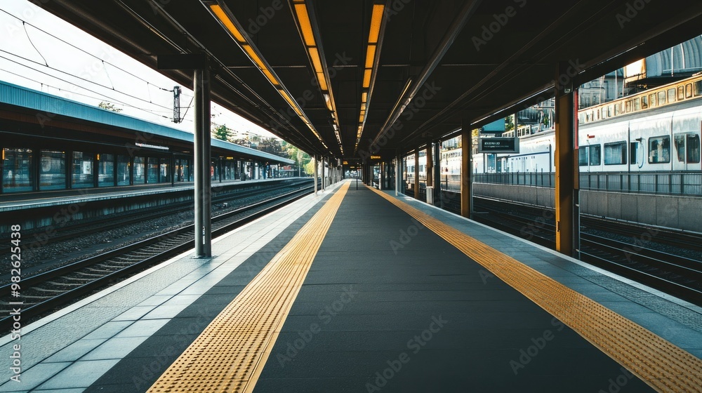 An empty railway platform with a clean, modern train station backdrop. The unobstructed space around the platform provides ample room for adding text. An empty railway platform with a clean, modern train station backdrop. The unobstructed space around the platform provides ample room for adding text.