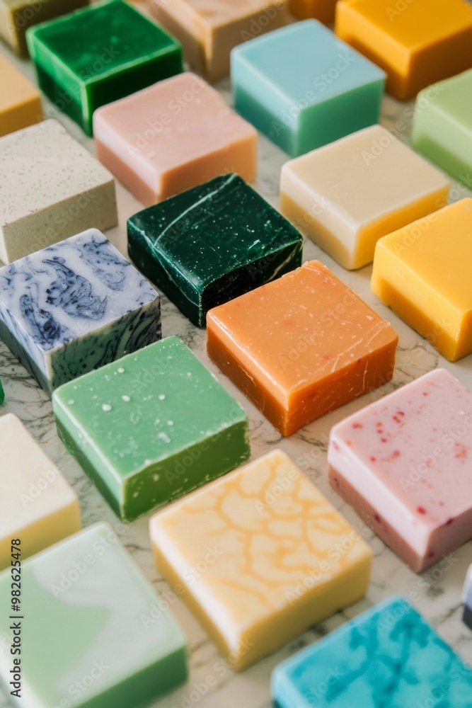 Colorful soap bars arranged in a geometric pattern on a bathroom counter. Colorful soap bars arranged in a geometric pattern on a bathroom counter.