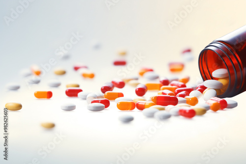 Capsules pill spilled out from plastic bottle container. Global healthcare concept. Antibiotics drug resistance. Antimicrobial capsule pills. 