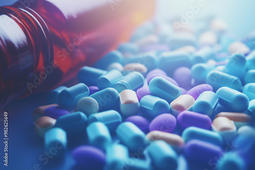 Capsules pill spilled out from plastic bottle container. Global healthcare concept. Antibiotics drug resistance. Antimicrobial capsule pills. 