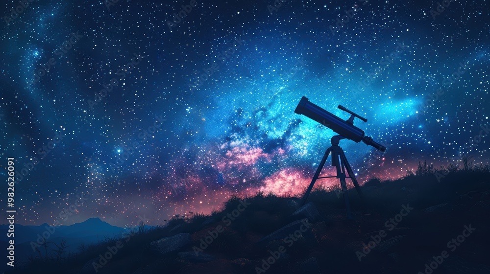 A silhouette of a telescope on top of a hill, with a starry sky background, at night, in a blue and black color theme, in an illustration style, as a vector art piece, with a simple design, high resol A silhouette of a telescope on top of a hill, with a starry sky background, at night, in a blue and black color theme, in an illustration style, as a vector art piece, with a simple design, high resol